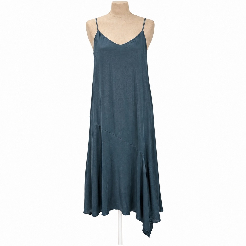 Teal Satin Asymmetrical Maxi Slip Dress Size 4 Blue Bias Cut 90s Minimalist Y2K